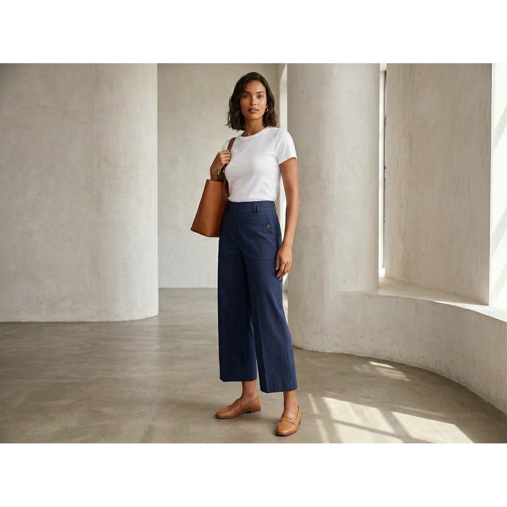 J.Crew Sydney Navy Blue Wide Leg Crop Pants Button Pocket Trousers Size 14
